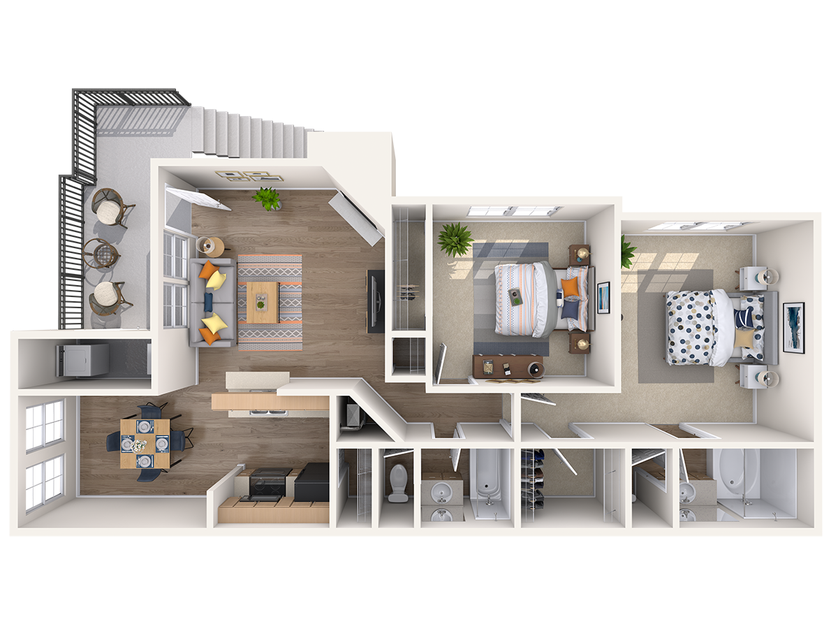 Floor plan for 2 beds, 2 baths, 1000 sqft